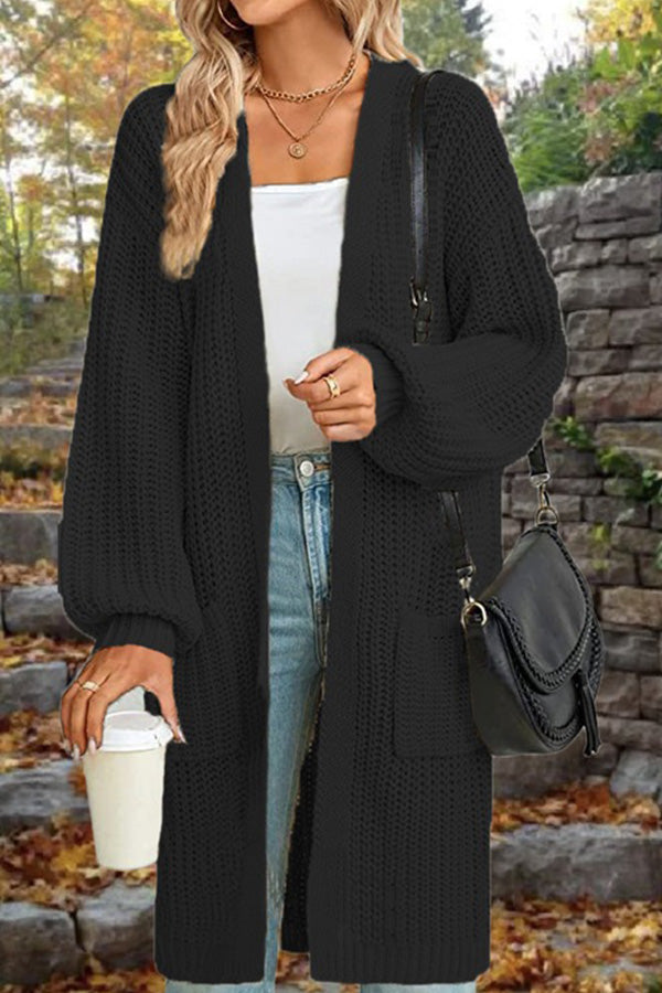 Mid-Length Loose Oversized Double Pocket Cardigan Sweater Jacket