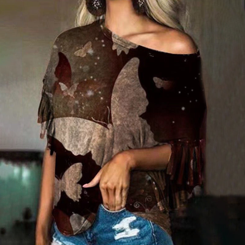 Western Butterfly Print Fringe Short Sleeve T-Shirt