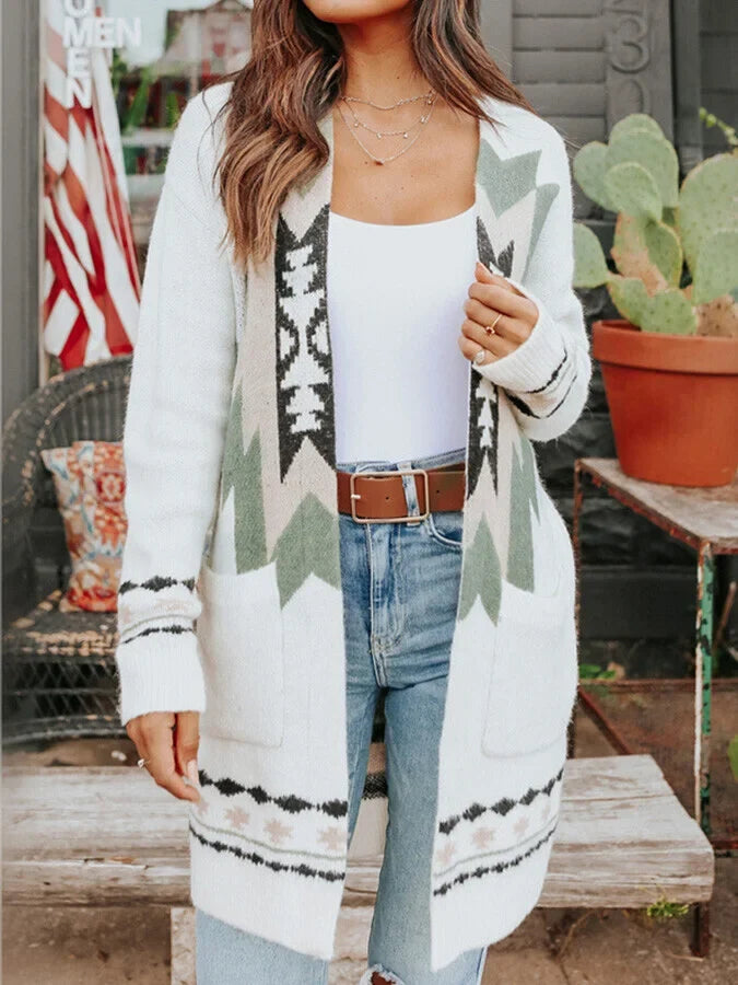 Mid-Length Jacquard Sweater Cardigan.