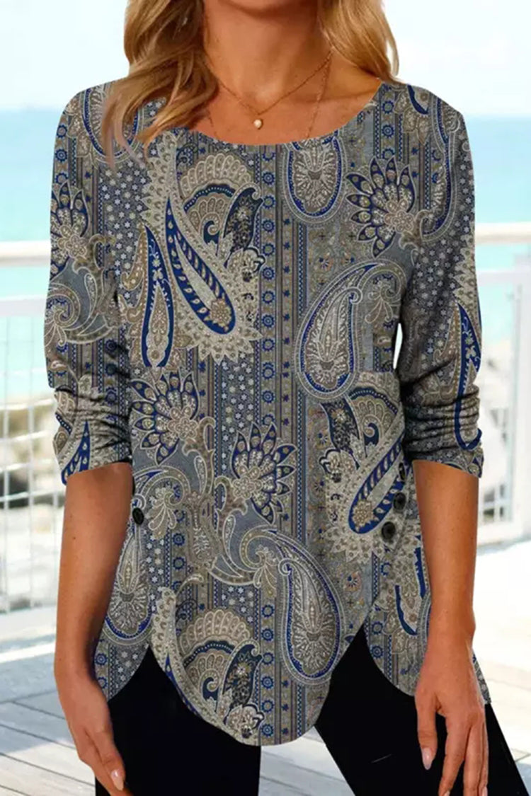 Vintage Print Crew Neck Long Sleeve Irregular Hem T-Shirt