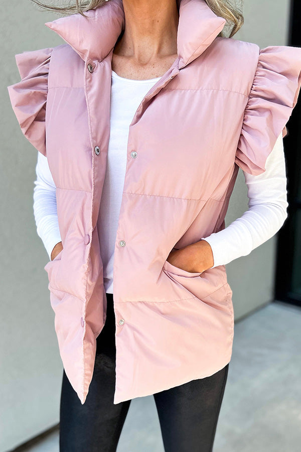 Casual stand-up collar, buttoned double pockets, flying ruffled sleeves vest