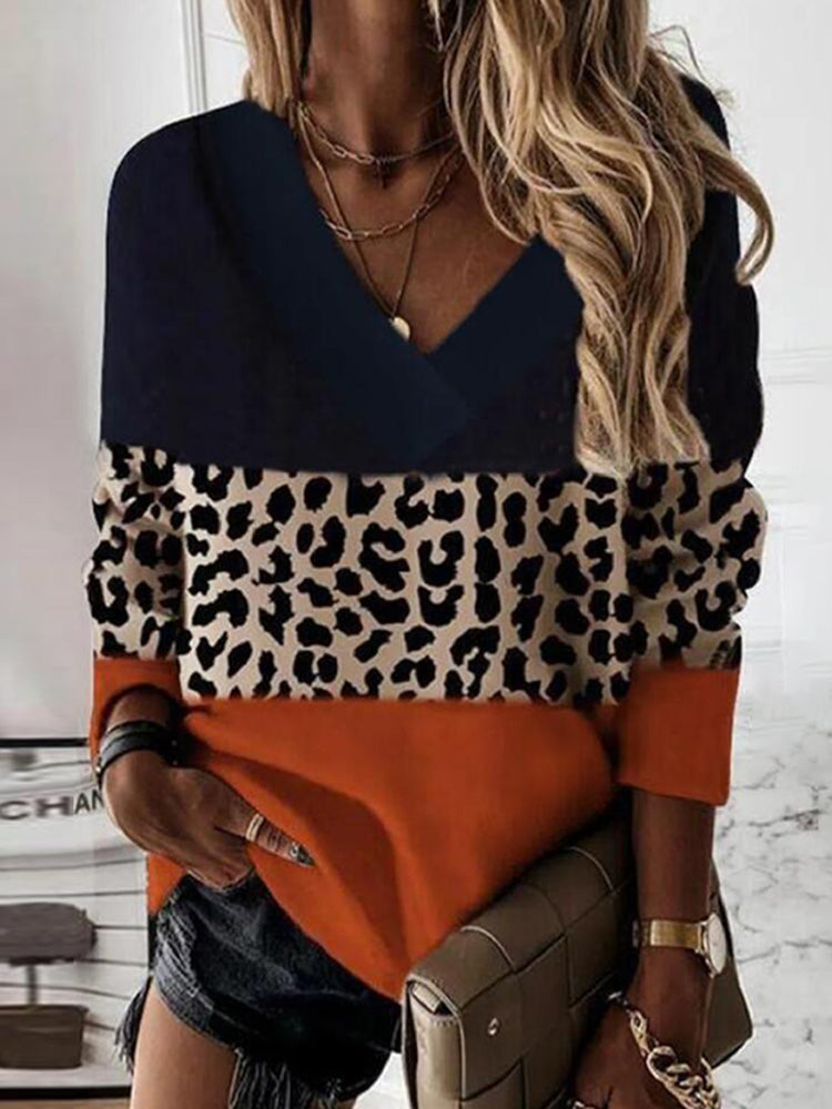 Leopard Panel V-Neck Long Sleeve T-Shirt
