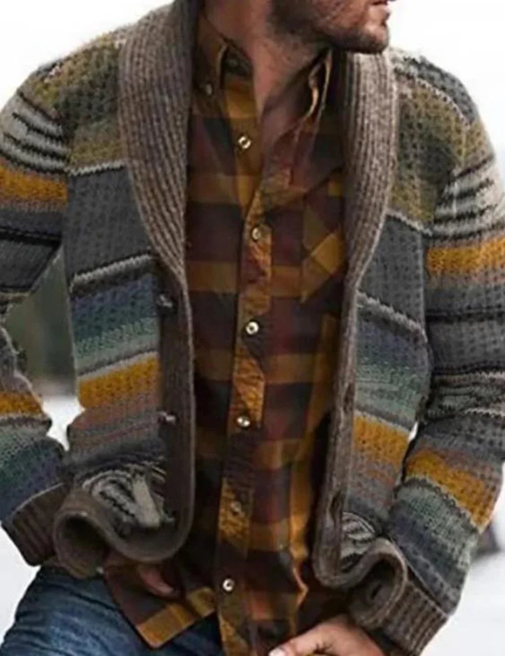 Men's loose printed long sleeved knitted cardigan coat