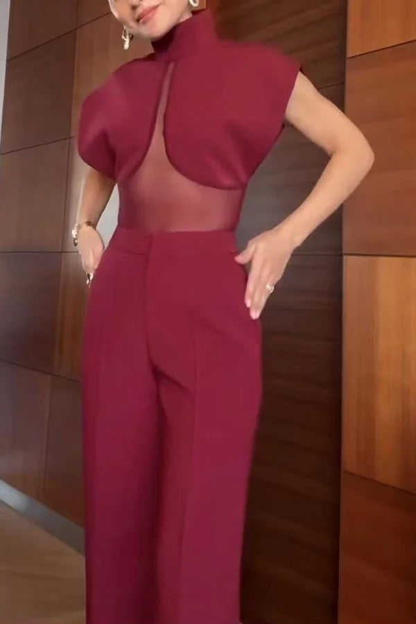 Vita Mesh Patchwork High Neck Wide Sleeve Bodysuit and High Rise Pocket Slit Pants Set
