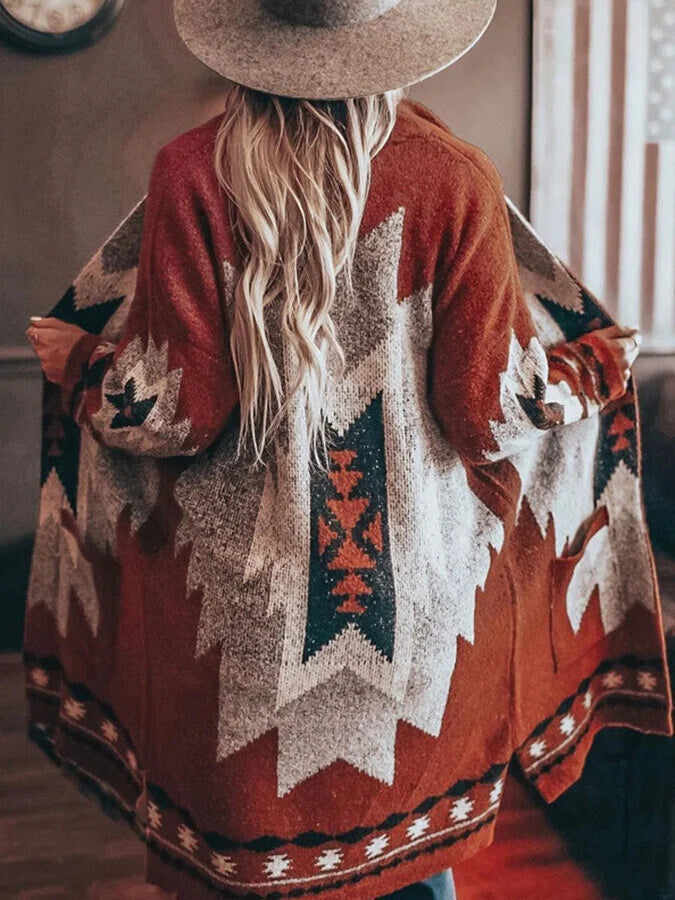 Mid-Length Jacquard Sweater Cardigan.