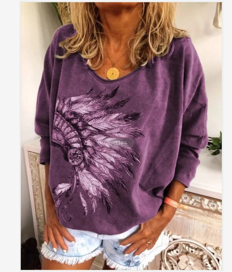 Wisherryy Printed  Long Sleeved Round Neck T-Shirt