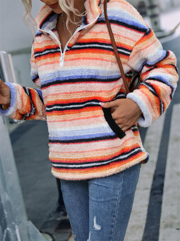 Western Striped Zip Up Fleece Pullover