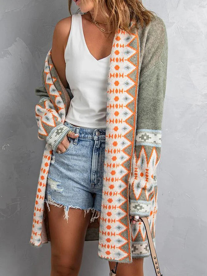 Women's ethnic style AZTEC printed loose knit cardigan.