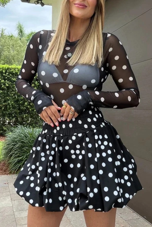 Sequoia Polka Dot Stretch Mesh Long Sleeve Bodysuit and Elastic Waist Puff Mini Skirt Set