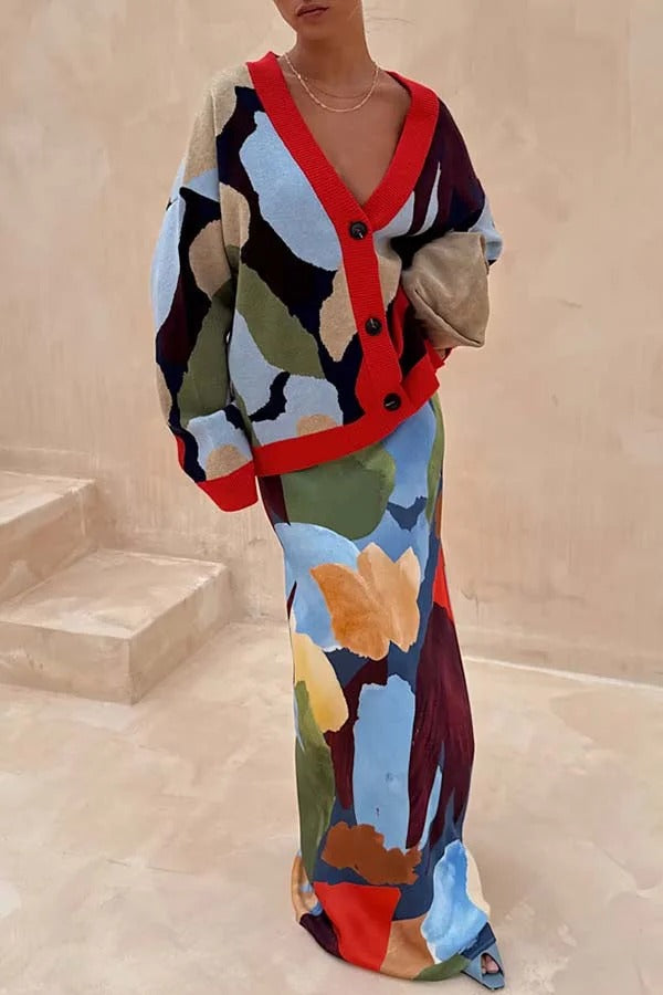 Bright and Bold Knit Abstract Color Blocks Button Long Sleeve Loose Cardigan
