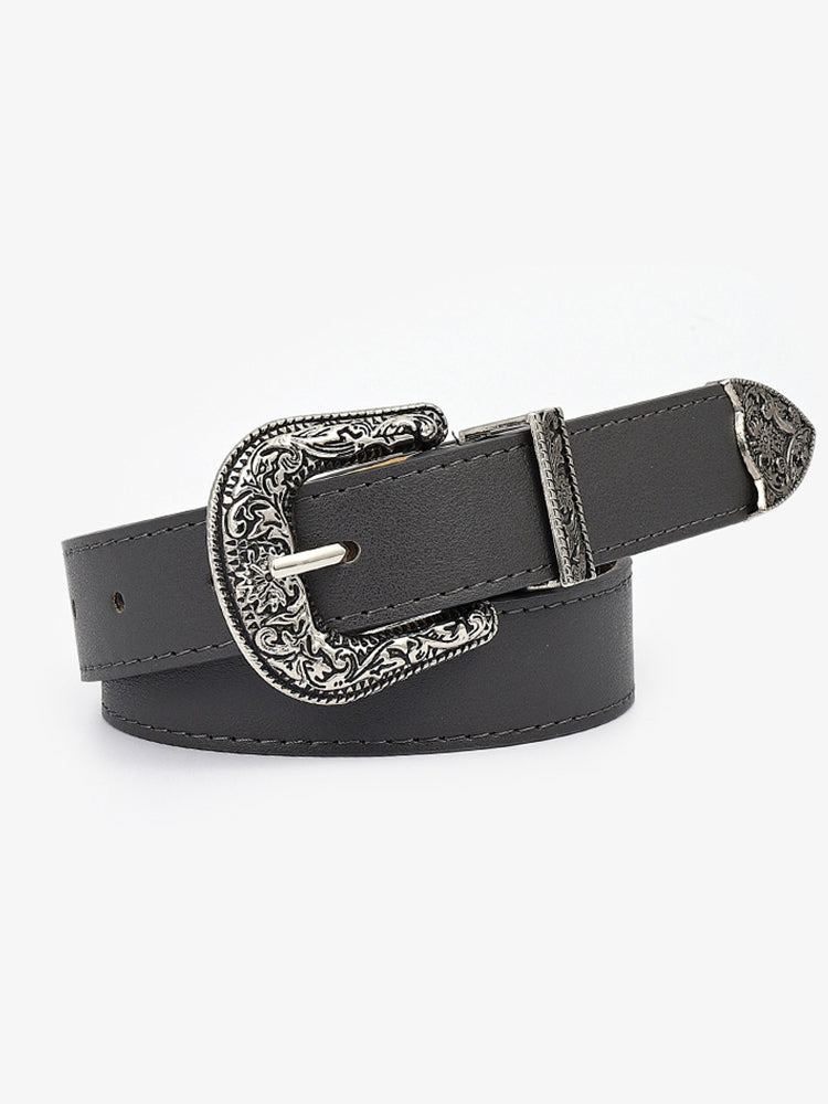 Wisherryy Western Vintage Carved Buckle Basic Belt
