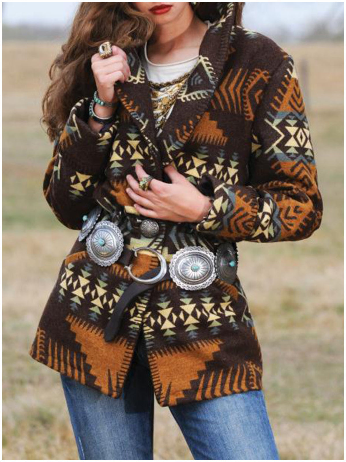Wisherryy Mid-length printed long-sleeved lapel slim-fit woolen coat