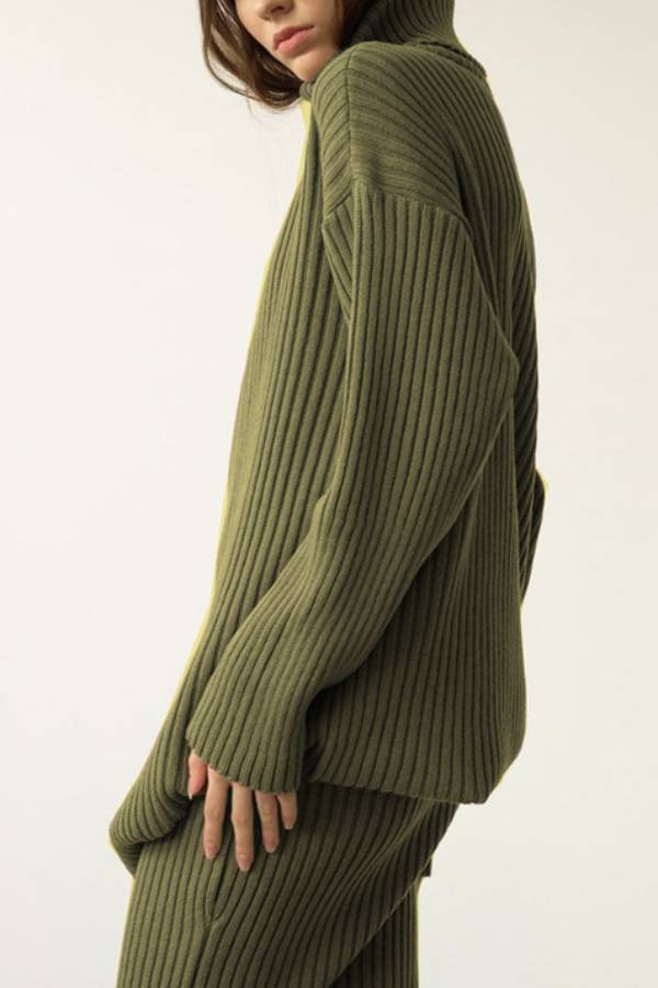 Turtleneck Ribbed Loose Sweater & Knit Midi Skirt Two‑Piece Set