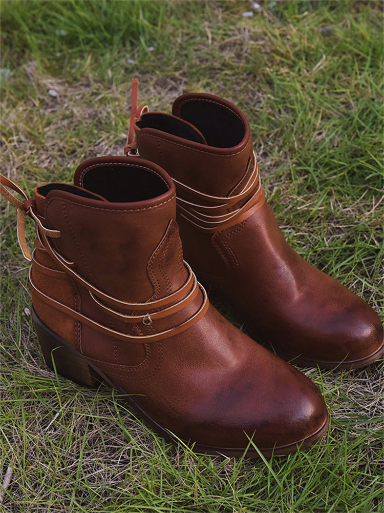 Wisherryy Laced Washed Leather Patchwork Ankle Boots