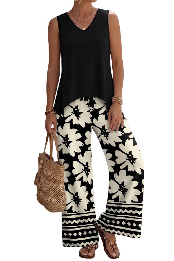 V Neck Sleeveless Tank Leaf Print Wide Leg Pants 2 Piece Vacation Set