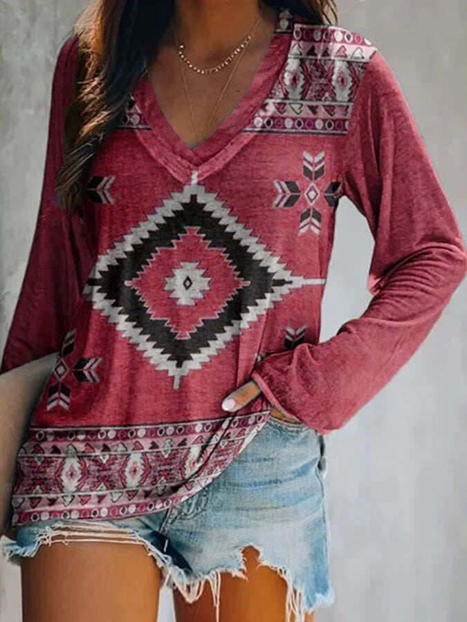 Women's Vintage Aztec Pattern Casual Long-Sleeved T-Shirt.