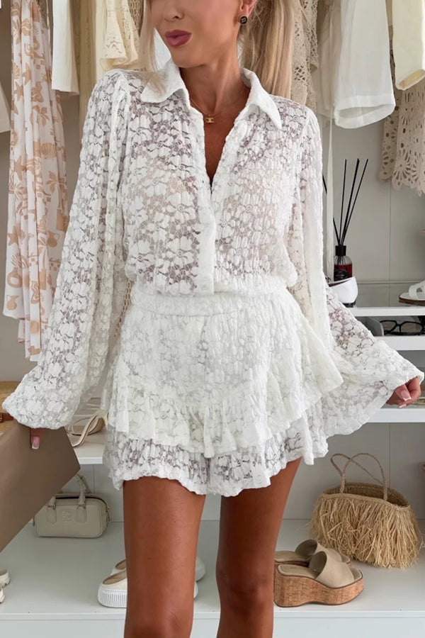 Nicola Lace Long Balloon Sleeve Blouse and Elastic Waist Layered Skort Set