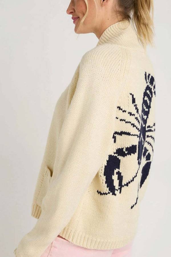 Chunky and Unique Knit Contrast Color Lobster Button Pocket Loose Cardigan