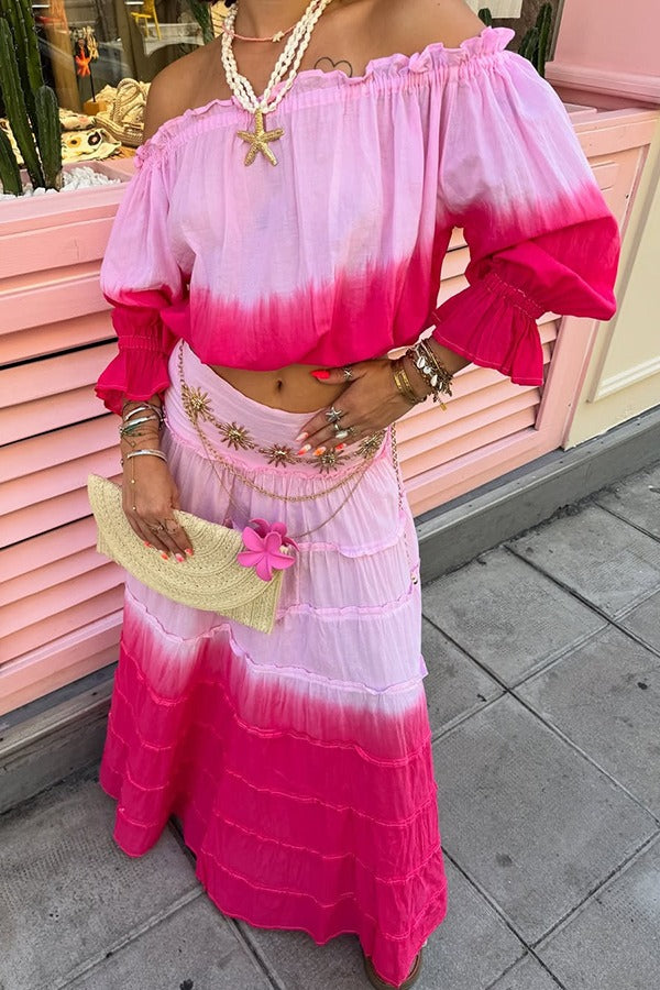 Fashionable Gradient Off Shoulder Long Sleeve Top and Resort Style Spliced Maxi Skirt Set