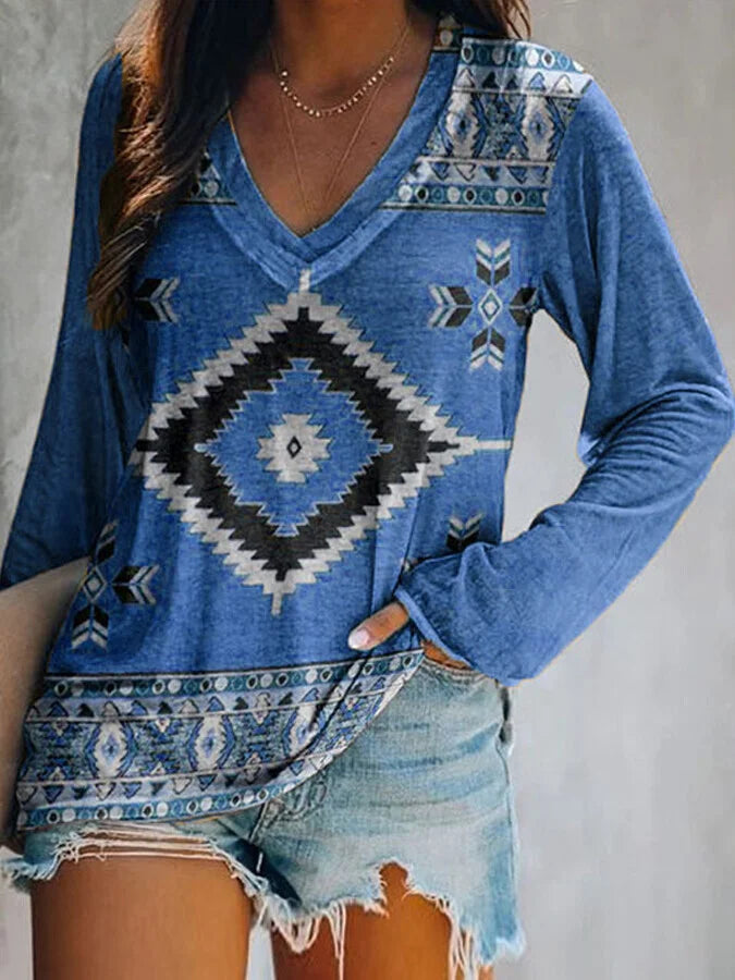 Women's Vintage Aztec Pattern Casual Long-Sleeved T-Shirt.