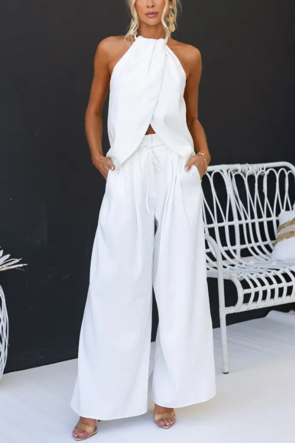 Sleeveless Halter Slit Top Paperbag Waist Wide Leg Pants Set