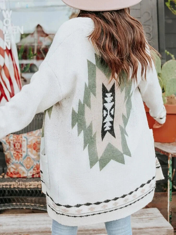Mid-Length Jacquard Sweater Cardigan.