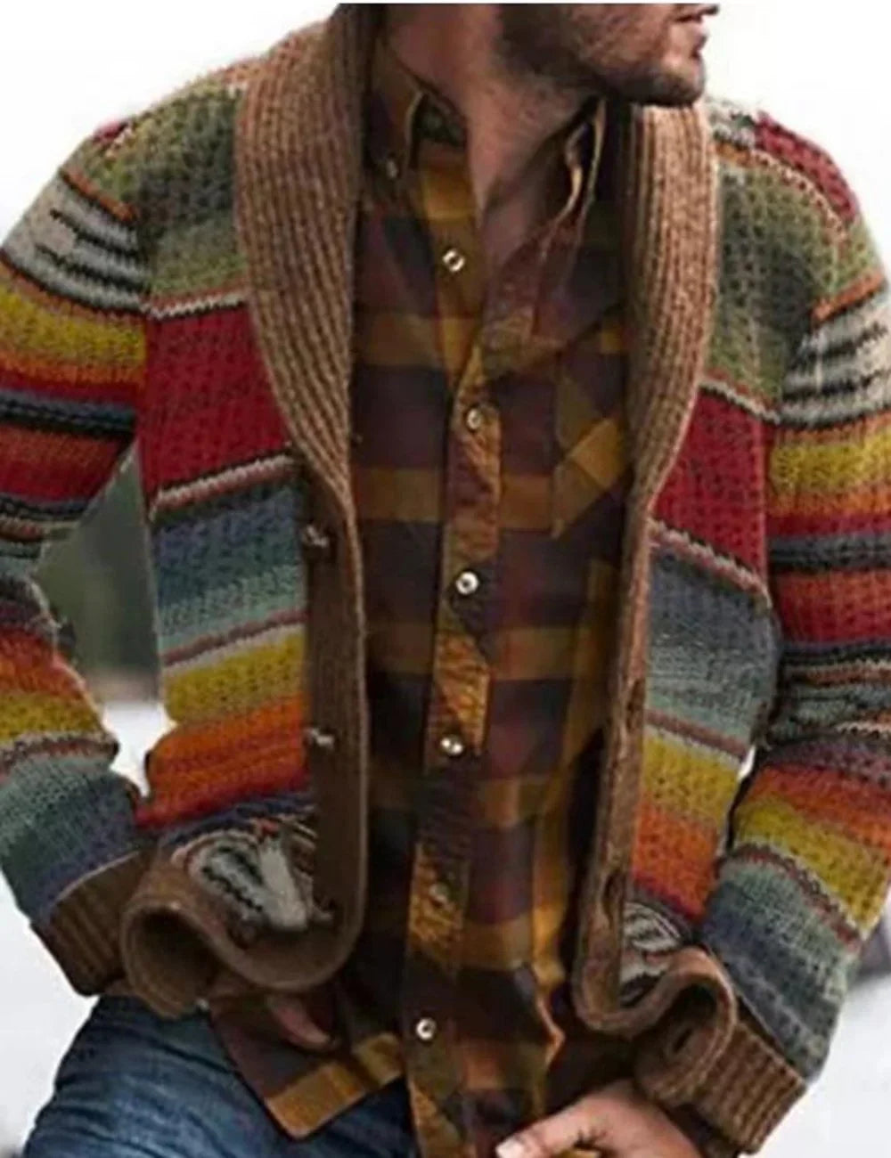 Men's loose printed long sleeved knitted cardigan coat