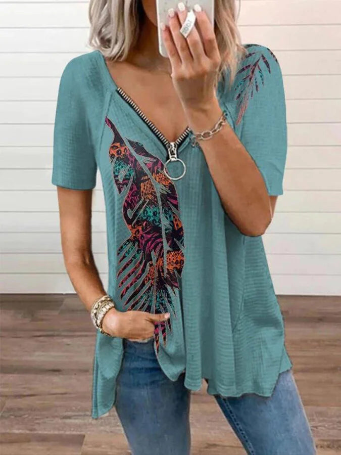 Women's Vintage Aztec Print Zip V-Neck T-Shirt.
