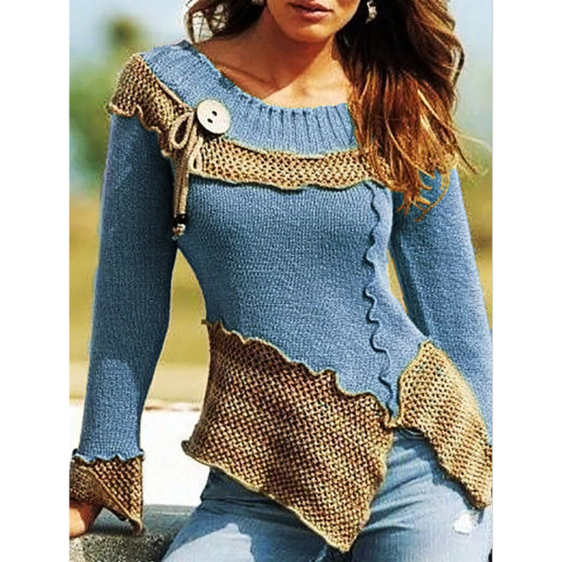Wisherryy Fashion stitching round neck retro long-sleeved sweater