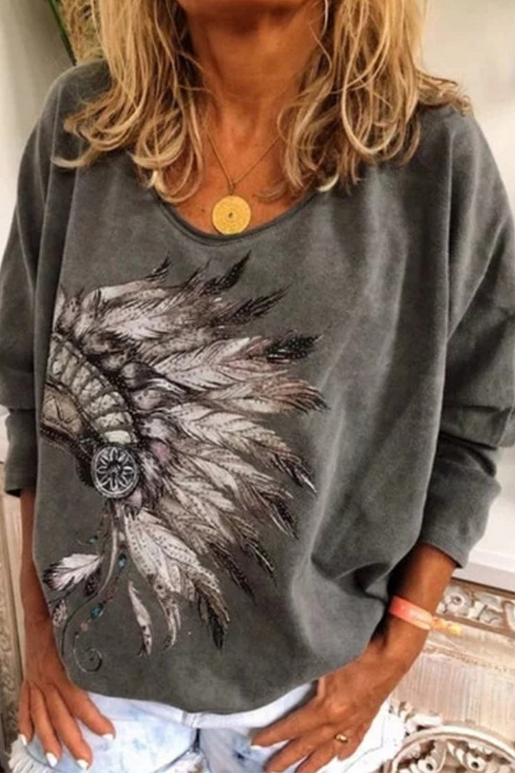 Wisherryy Printed  Long Sleeved Round Neck T-Shirt