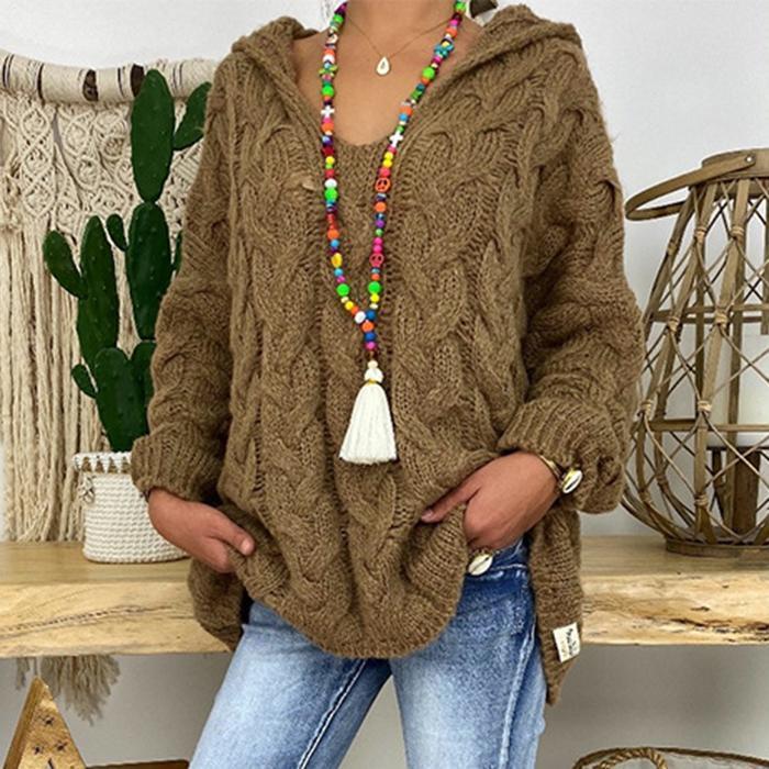 Pure Color Twist Knit Hooded Sweater