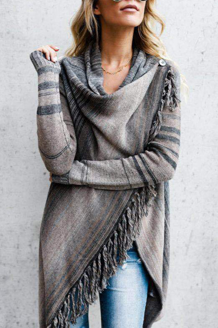 Striped Fringe Casual Long Sleeve Cardigan
