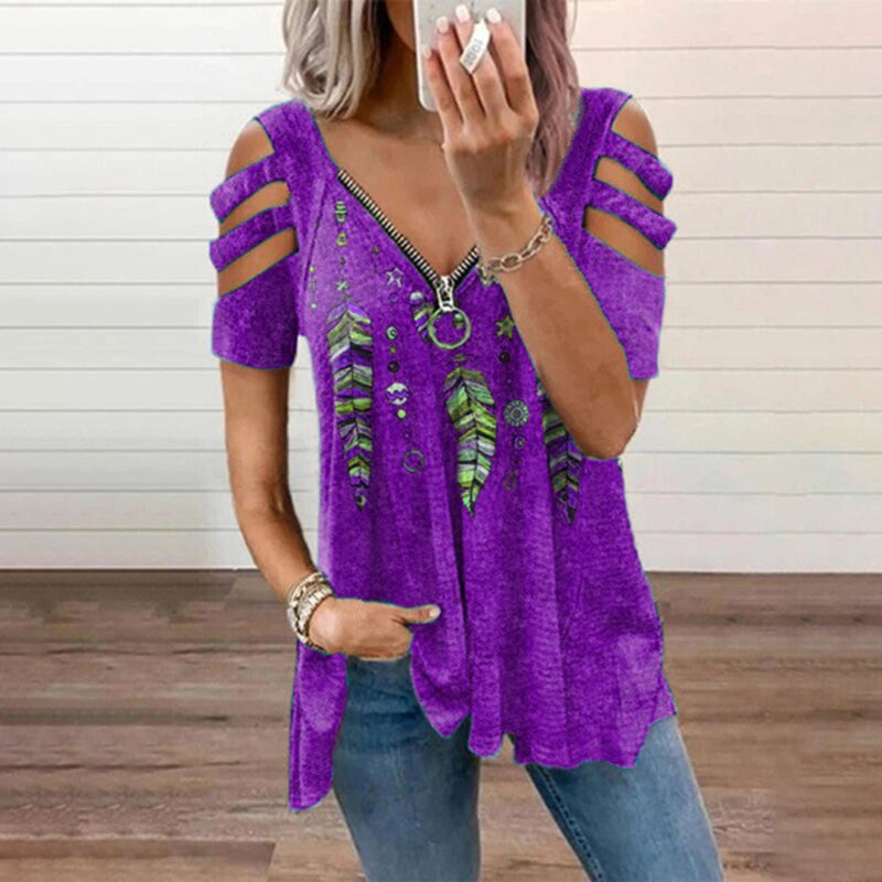 Wisherryy Cutout Feather Print Long Sleeve T-Shirt
