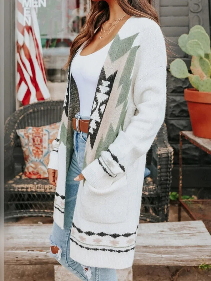 Mid-Length Jacquard Sweater Cardigan.