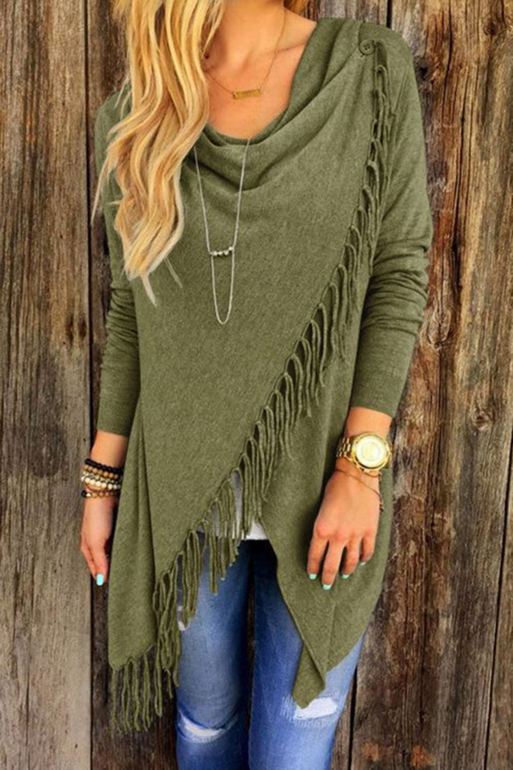 Wisherryy Solid Color Casual Fringe Long Sleeve T-Shirt