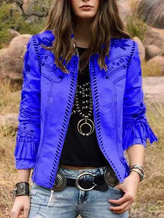Vintage Western Style Long Sleeve Print Tassel Coat.