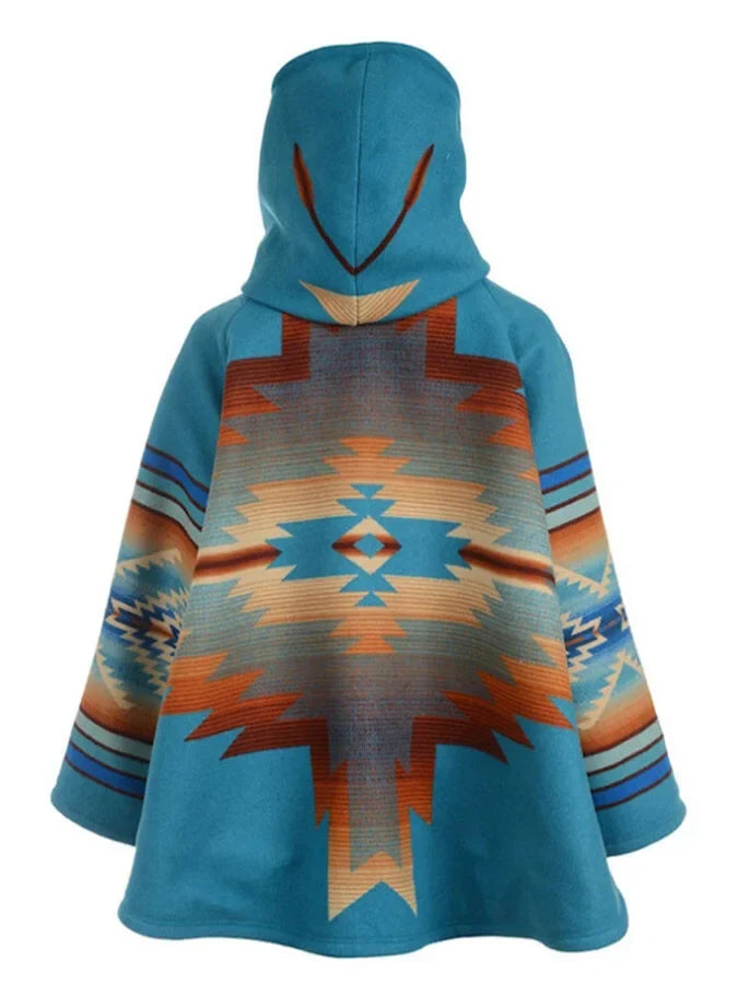 Ethnic Geometric Print Hooded Coat.