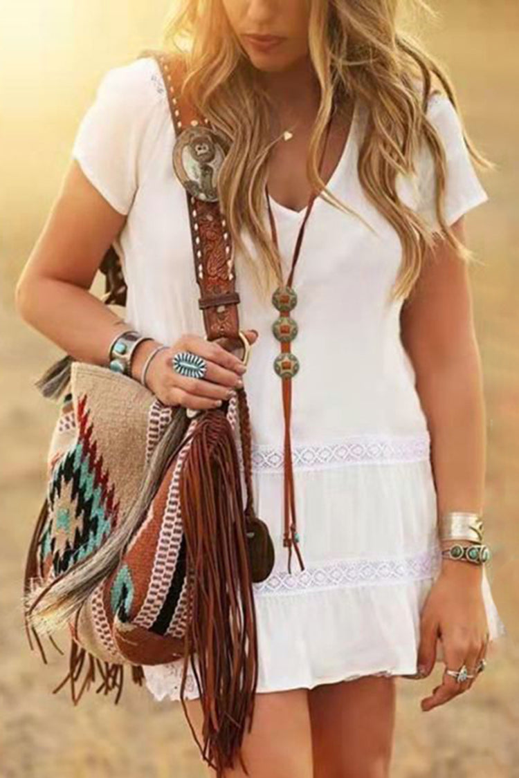 Wisherryy Women's Vintage Print Fringe Shoulder Bag