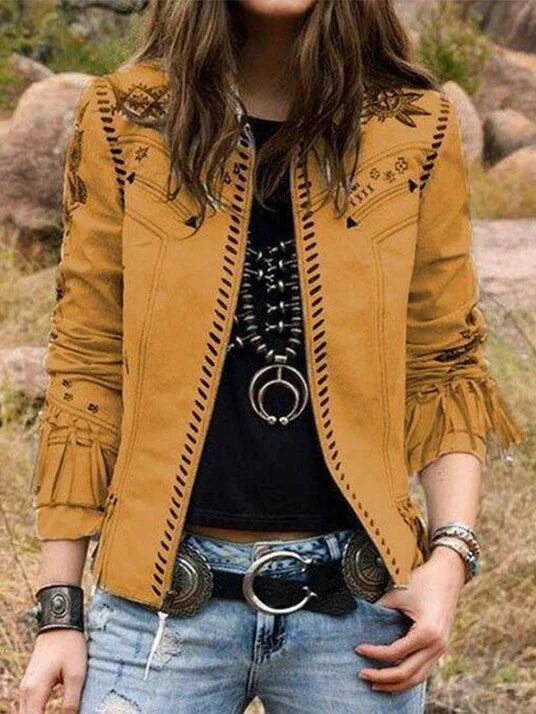 Vintage Western Style Long Sleeve Print Tassel Coat.