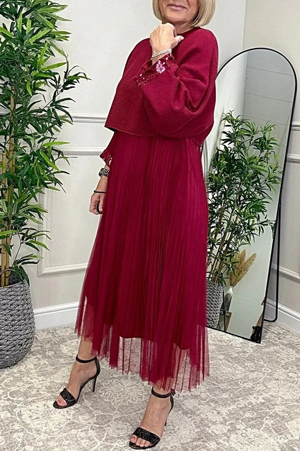 Fenna Ribbed Sequin Trim Batwing Sleeve Sweater and Pleated Tulle Stretch Tank Midi Dress Two-piece Set