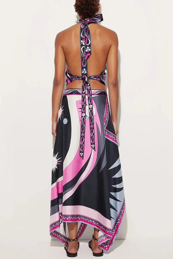Satin Unique Print Halter Top and Irregular Midi Skirt Set