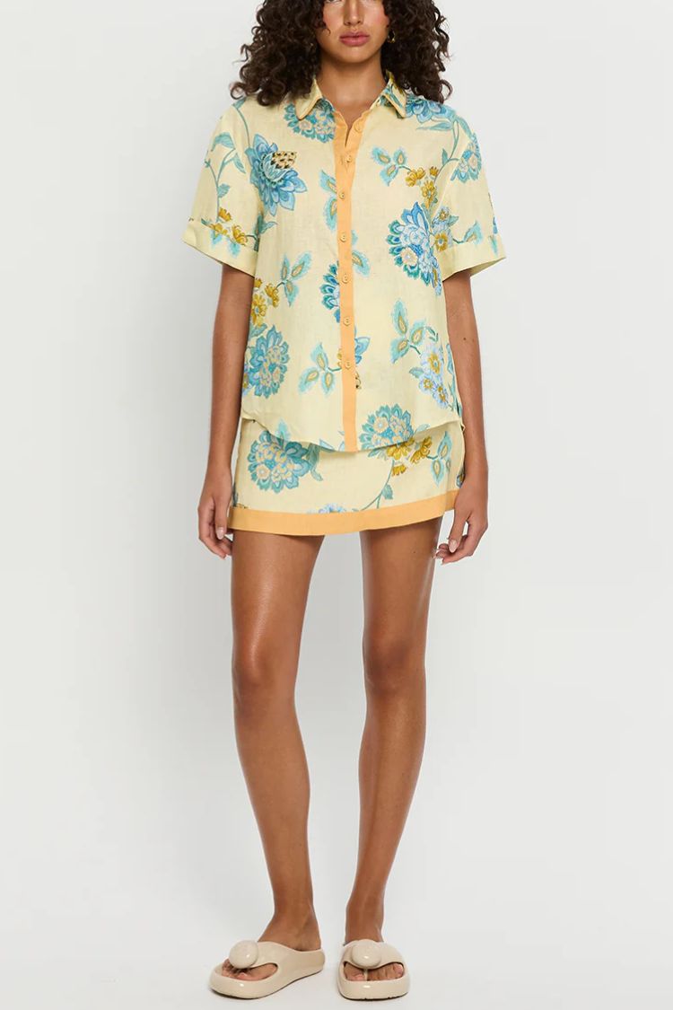 Giselle Linen Blend Floral Print Short Sleeve Shirt and Zipper Mini Skirt Set