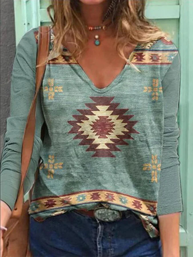 Women's Aztec Pattern Casual Long Sleeve T-Shirt.