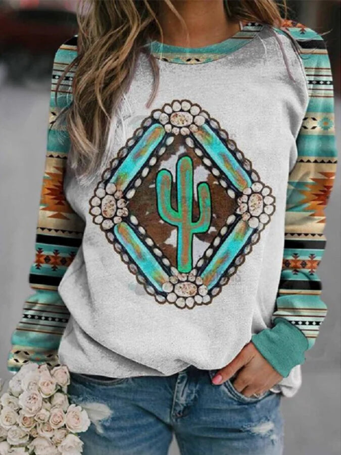 Women's Retro Western Cactus Geometric Print Sweatshirt.