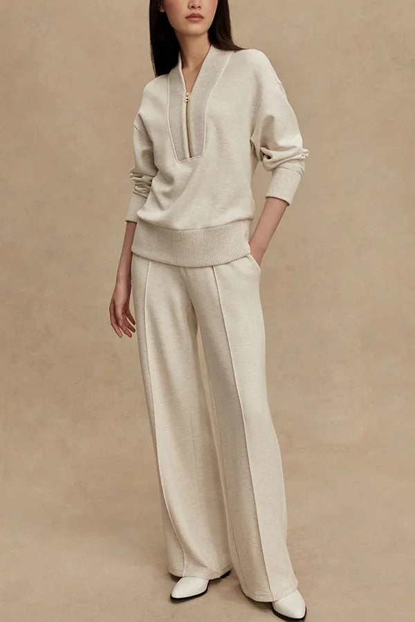 Meet The Autumn Ribbed Zipper Neck Sweatshirt and Elastic Waist Pocketed Loose Pants Set