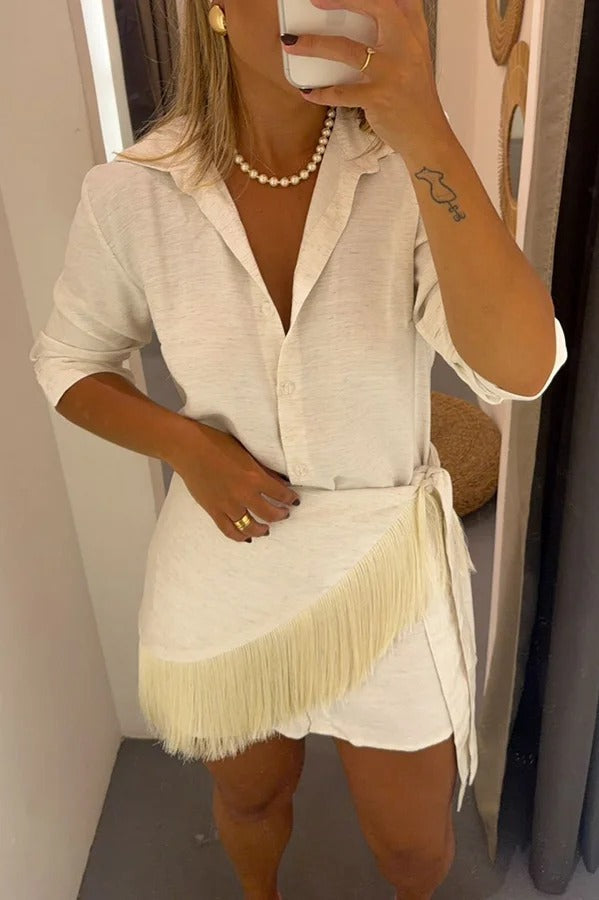 Sorena Linen Blend Button Up Long Sleeve Midi Blouse and Tassel Trim Warp Cover-up Mini Dress Set