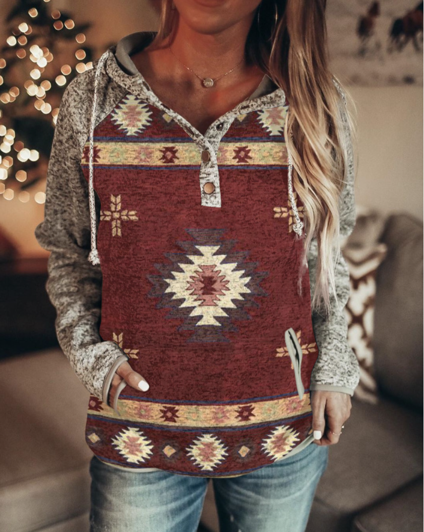 Women's retro ethnic print hooded sweater.