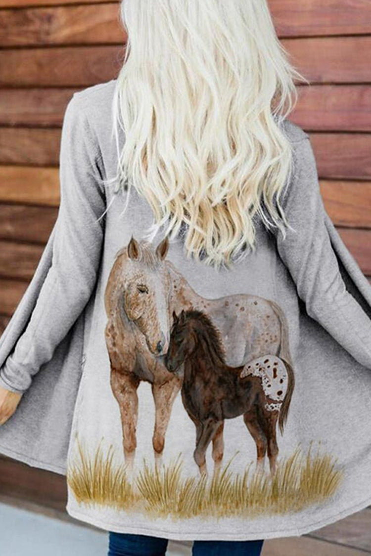 Western Horse Print Casual Long Sleeve Cardigan