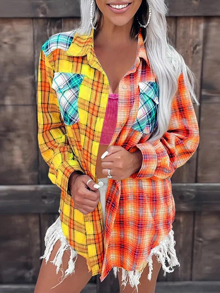 Vintage Check Panel Lapel Long Sleeve Shirt