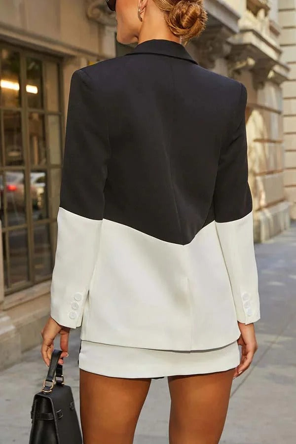 Enhance Look Colorblock Long Sleeve Pocket Lapel Blazer and And Mid Rise Mini Skort Set